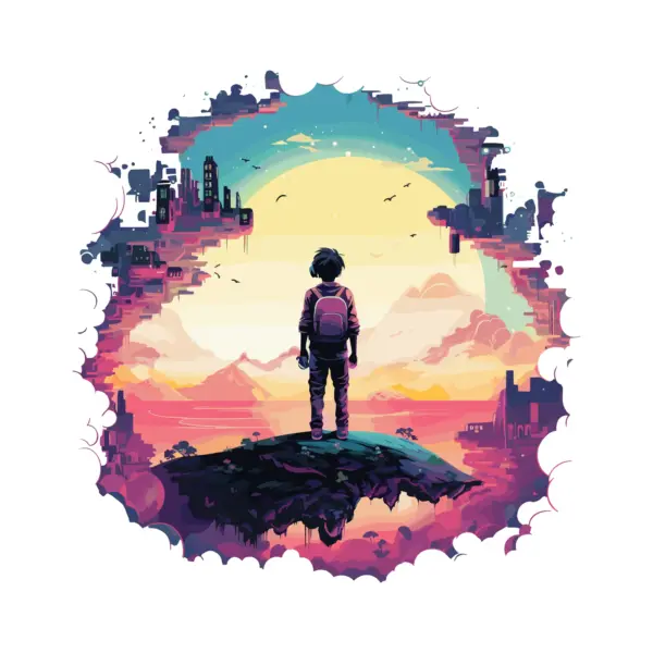 Boy on a cliff looking at a gamer fantasy world design