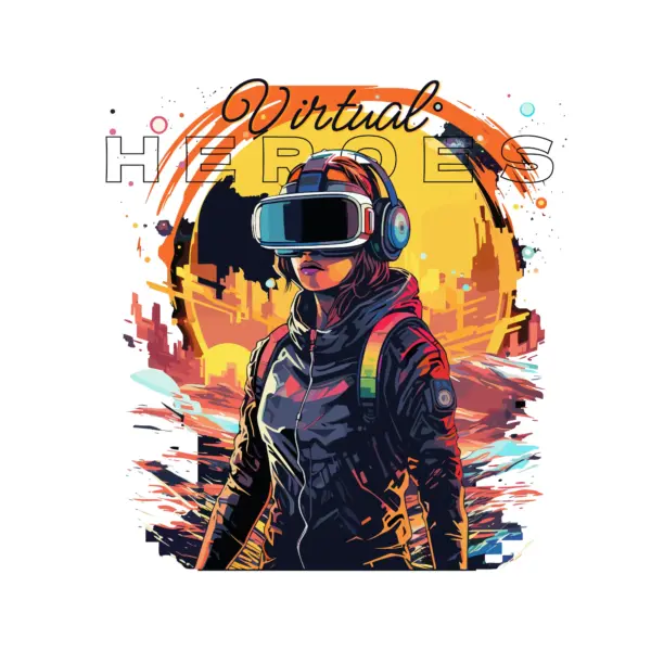 Girl with vr glasses and headset inside a gamer fantasy world design