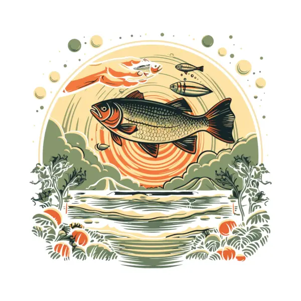 Fish flying over a lake with flowers around it design