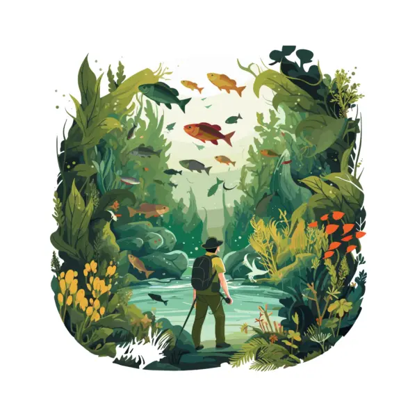 Fisherman in front of a lake with flying fish design