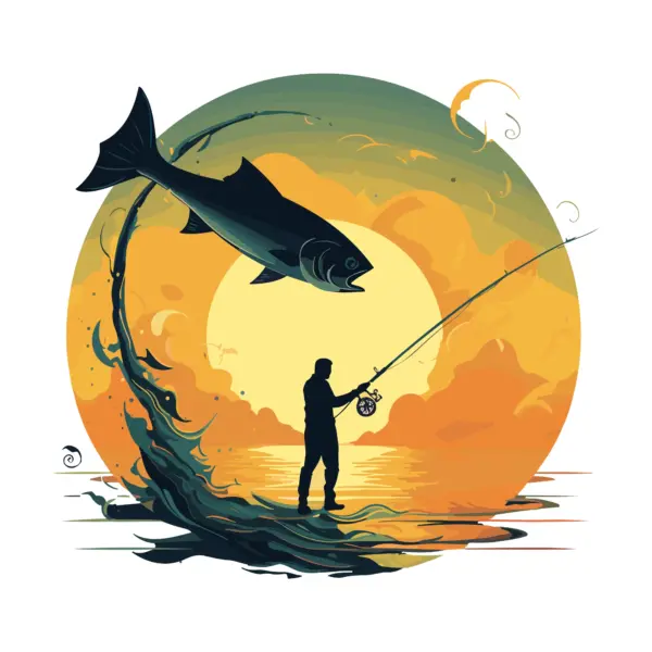 Angler with fishing rod while a giant fish jumps with a sun bet design