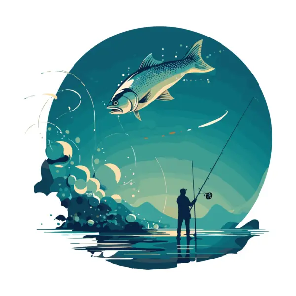 Angler with fishing rod while a giant fish jumps in the night design