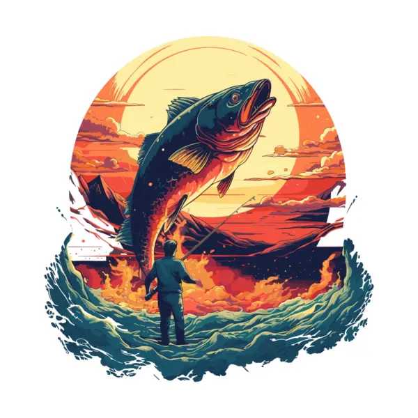 Angler with a fishing rod watching a giant fish jump in front of him design