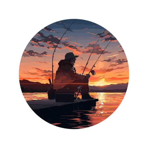 Fisherman sitting on a pier with a fishing rod watching the sunset design