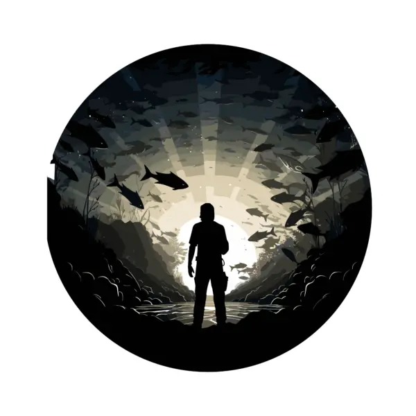 Fisherman watching a world of fish in the dark design