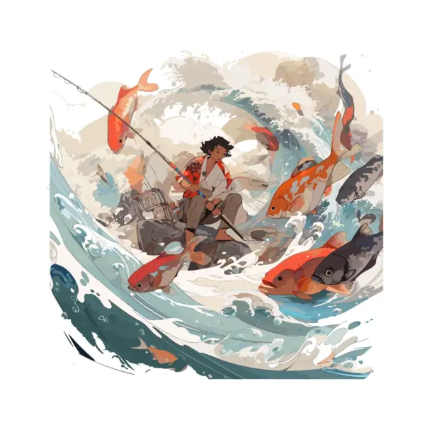 Boy with a fishing rod riding the waves watching fish jumping design