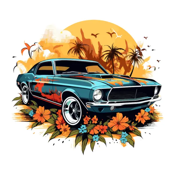 Muscle car with flowers decorating around design