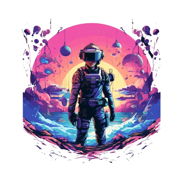 Character in space with vr goggles and special suit design