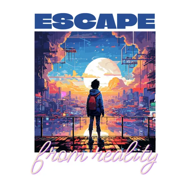 Boy looking at a fantasy world with a gamer phrase design