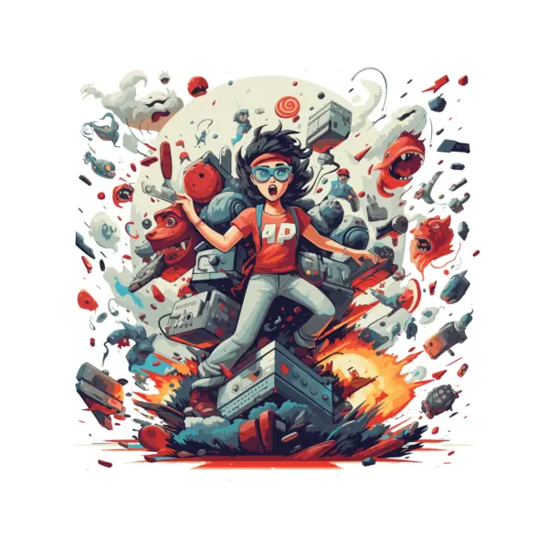 Girl being ejected by a bomb that ejects elements of popular video games design