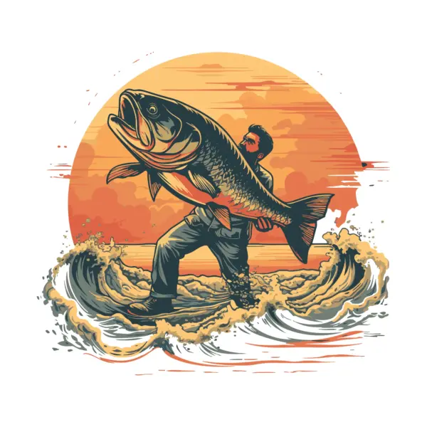 Fisherman raising a giant fish over a pond design