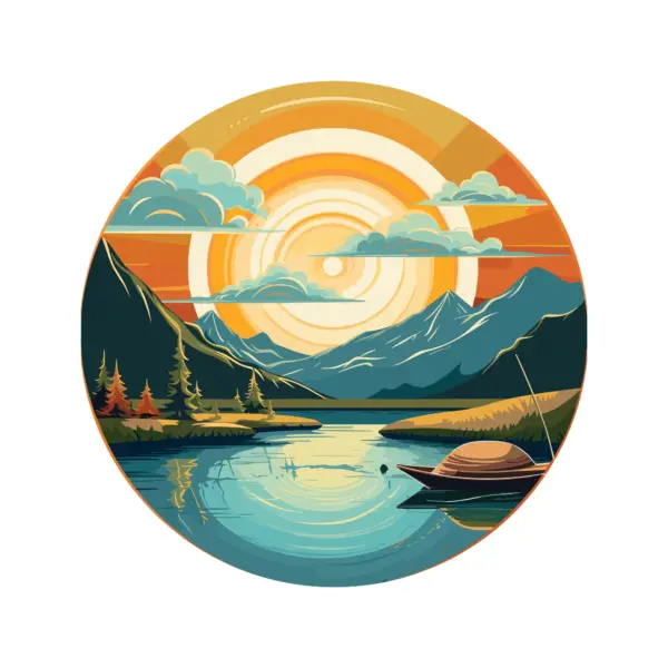 Beautiful lake with great scenery, mountains and a sunset in the background design