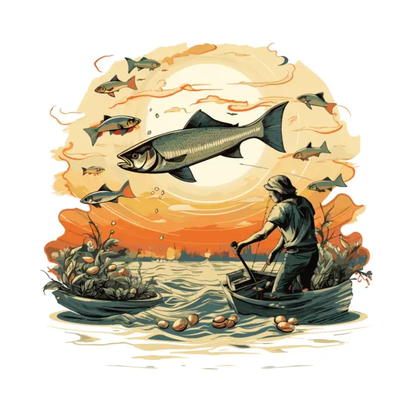 Angler on a boat watching fish flying design