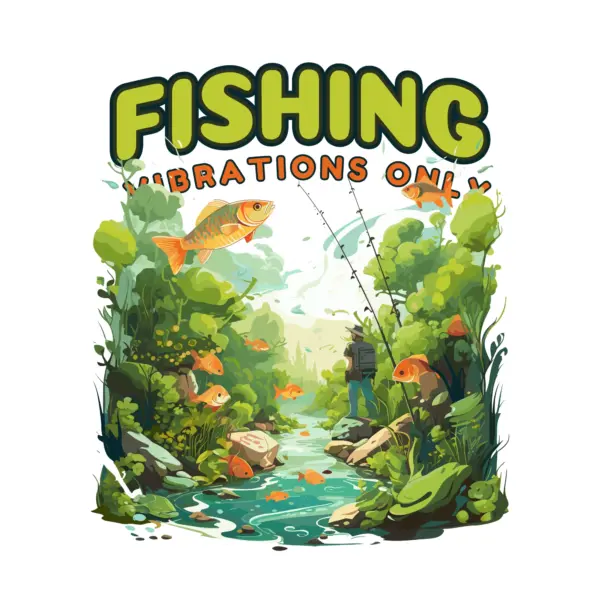 Fisherman walking along a river with jungle around him and fishes flying design