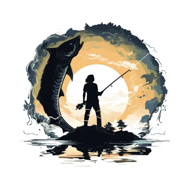 Fisherwoman in a lake with a fishing rod while a giant fish jumps in design