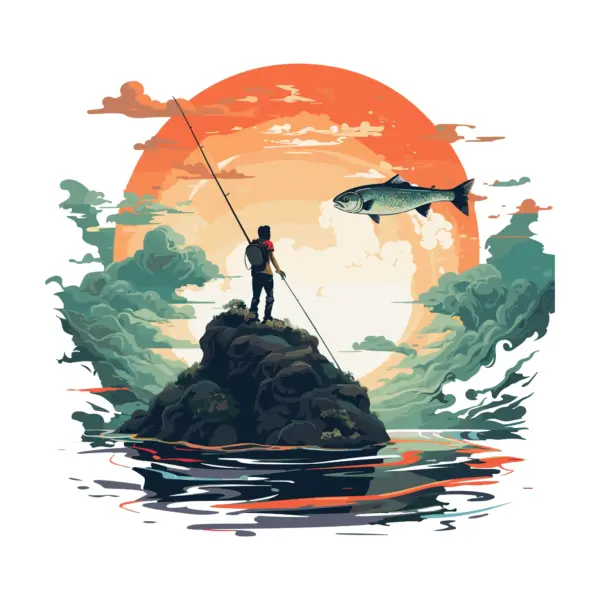 Angler with a rod fishing on a cliff watching a giant fish design