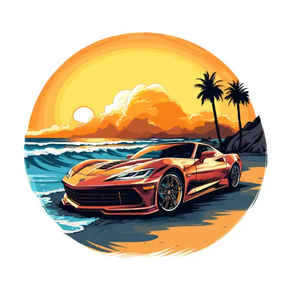 Muscle car sports car with sea waves, a sunset decorated with palmer design
