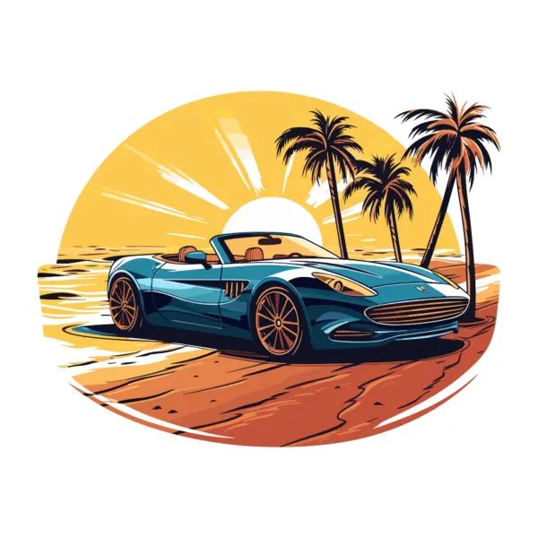 Sports car in a sunset decorated with palm trees design