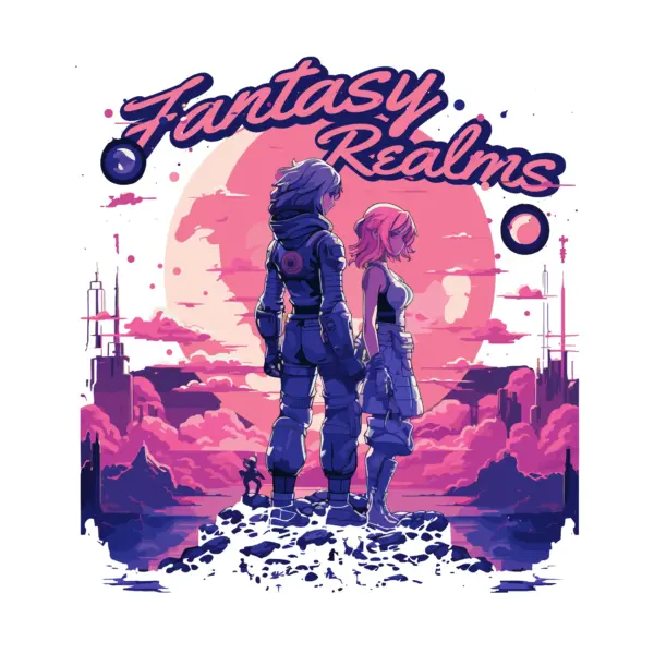 Girls looking out from a cliff with the moon, clouds and fantasy phrase in the background design