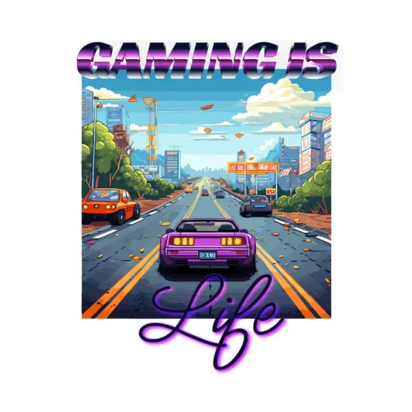 Auto on the road in a classic racing video game with gaming phrase design