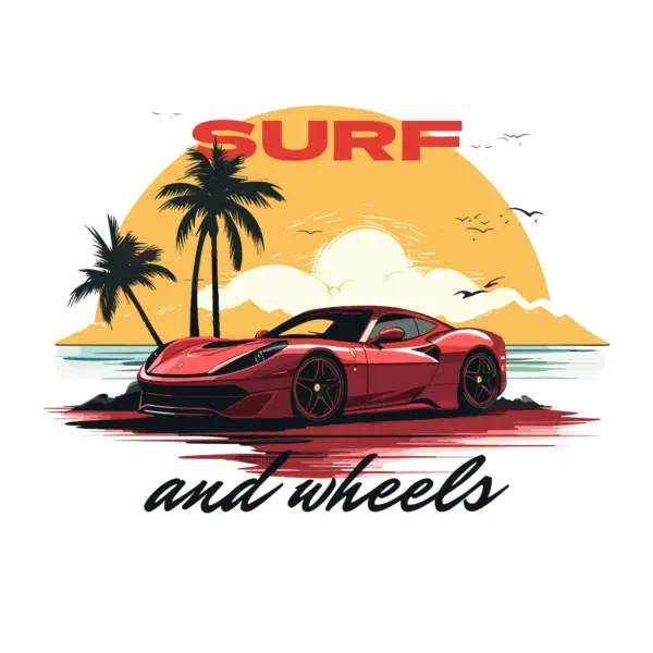 Supercar with the sea, a sunset decorated with palmer design