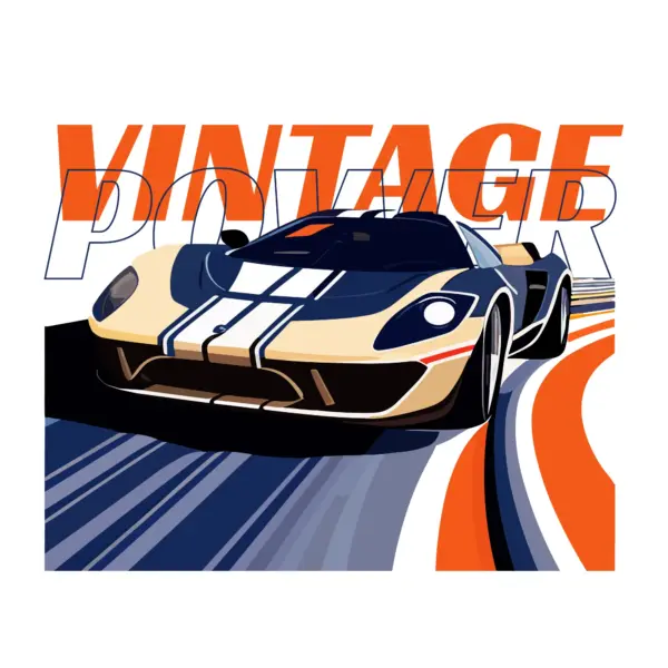 Supercar in bauhaus style on the road with vintage phrase design