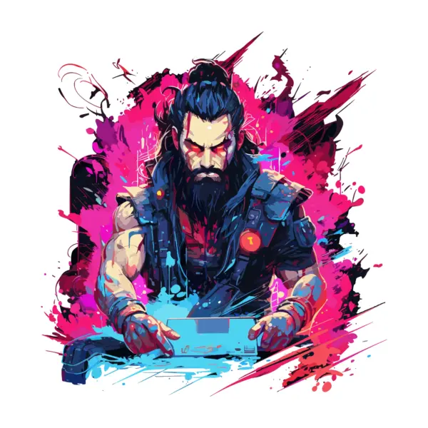 Gamer character looking seriously into a fantasy world design