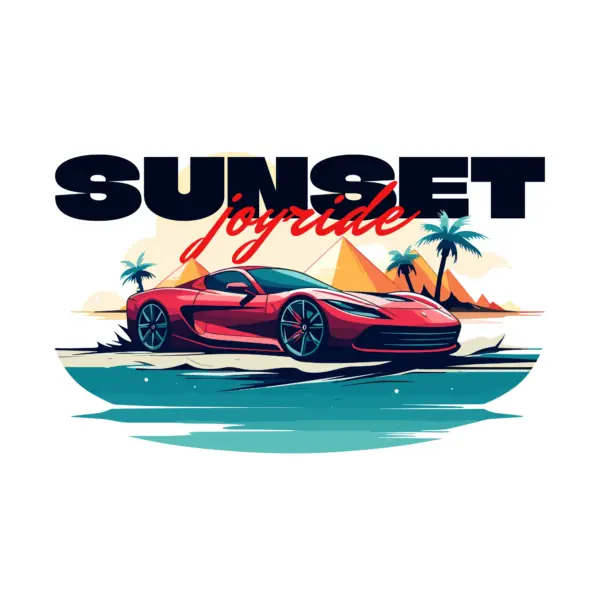 Sports car with pyramids in the background, sun, palm trees and water design