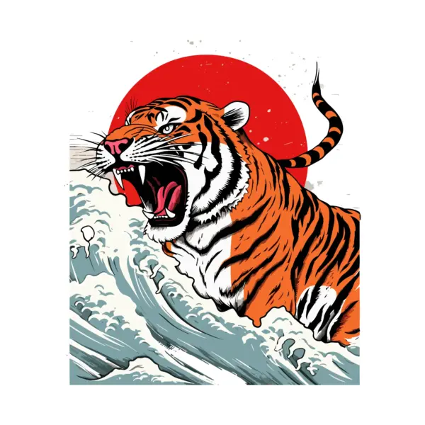 Tiger roaring with the rising sun of Japan flag with waves around design