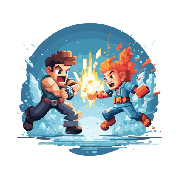 Guys fighting in a gamer battle in pixel style design