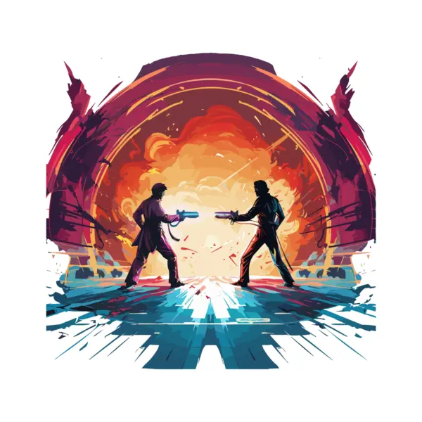 Characters pointing a gun at each other in a gamer's world design