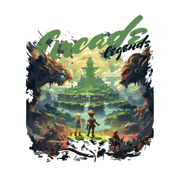 Gamer characters on a cliff overlooking a fantasy world accompanied by a gamer phrase design