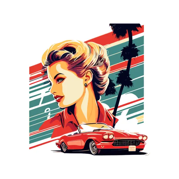 Classic convertible car with smiling girl in profile background in 90's style design