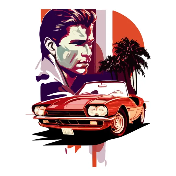 Classic convertible car with serious man in background profile in 90's style design