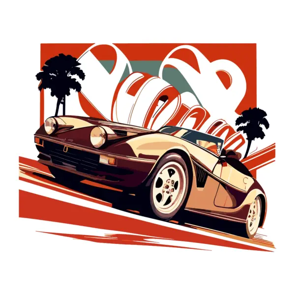 Classic nineties convertible car on the streets with palm trees in the background design