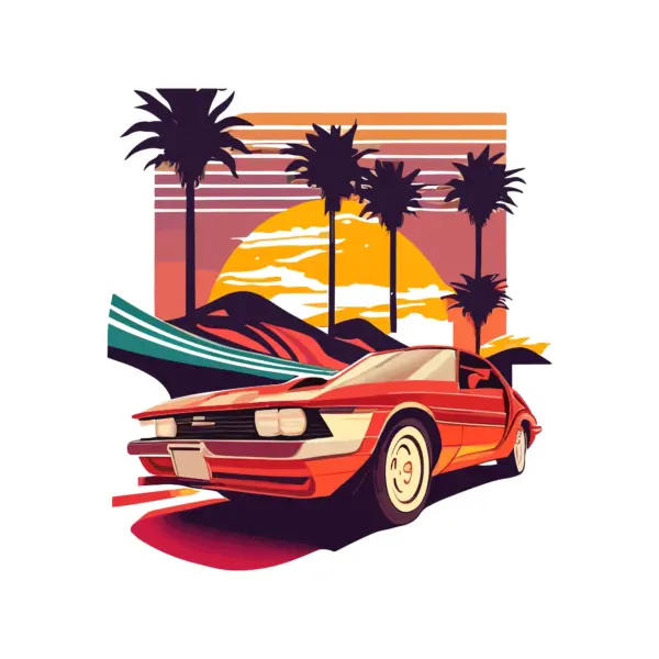 Classic car with sun, palm trees and mountains in the background design