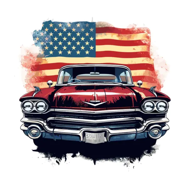 Classic car front with American flag in the background design