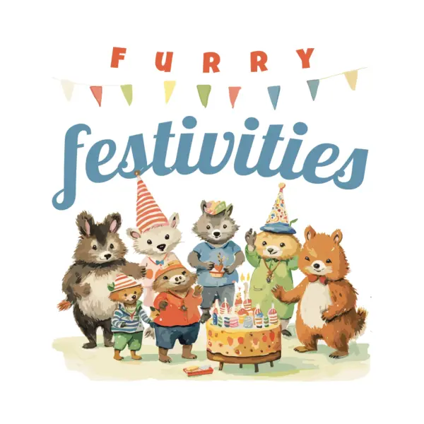 A group of animals gathered around a cake at a birthday party design