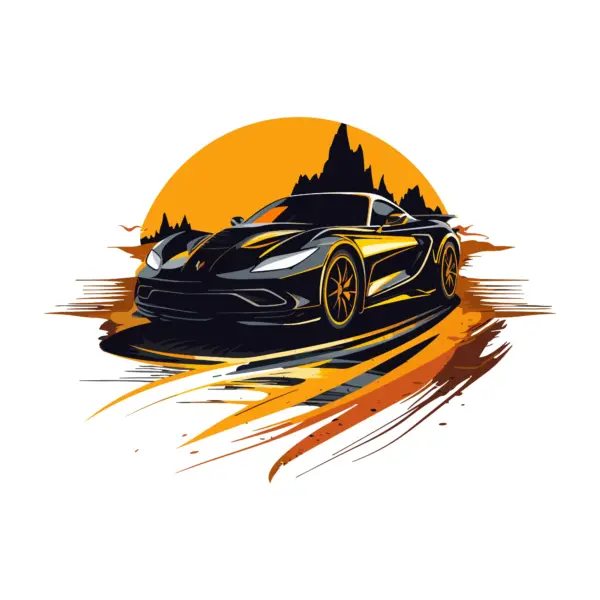 Sports car with sun and mountains in the background design