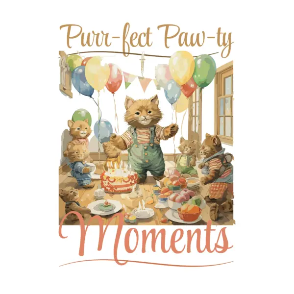 Feline birthday party with balloons, gifts and food design