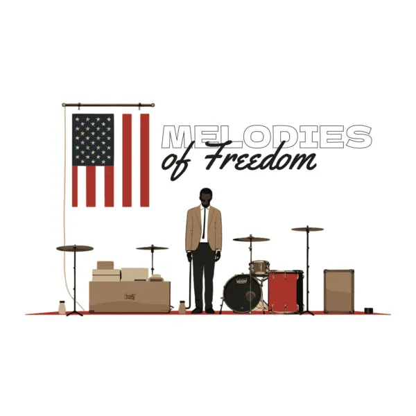 Boy holding a microphone with musical instruments and U.S. flag design