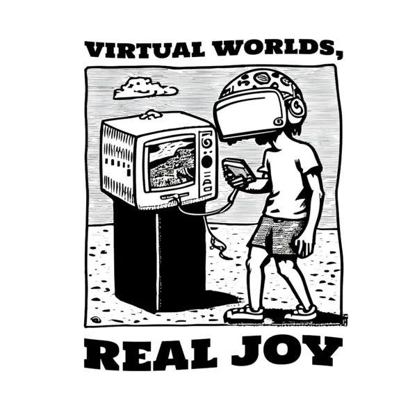 Child wearing VR goggles connected to a console and a TV set design