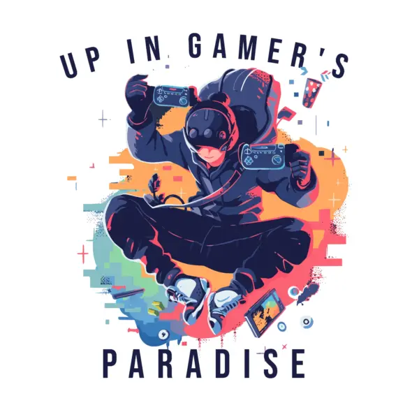 Boy jumping holding handheld video game consoles design