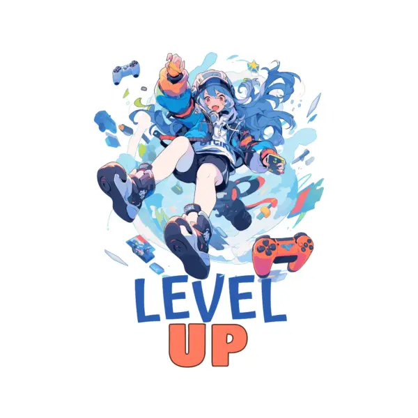 Manga character leveling up with video game controllers around him design