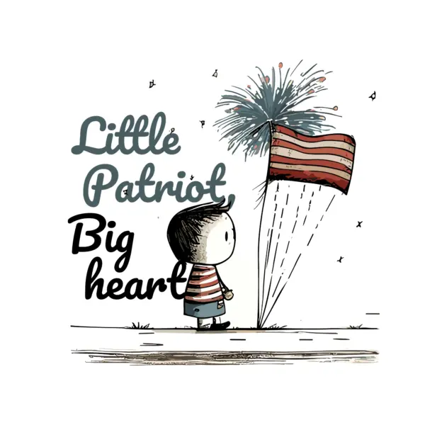 Child looking at the U.S. flag and a patriotic phrase design