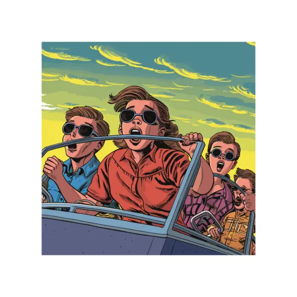 Children looking up at the sky in fear holding on to each other design