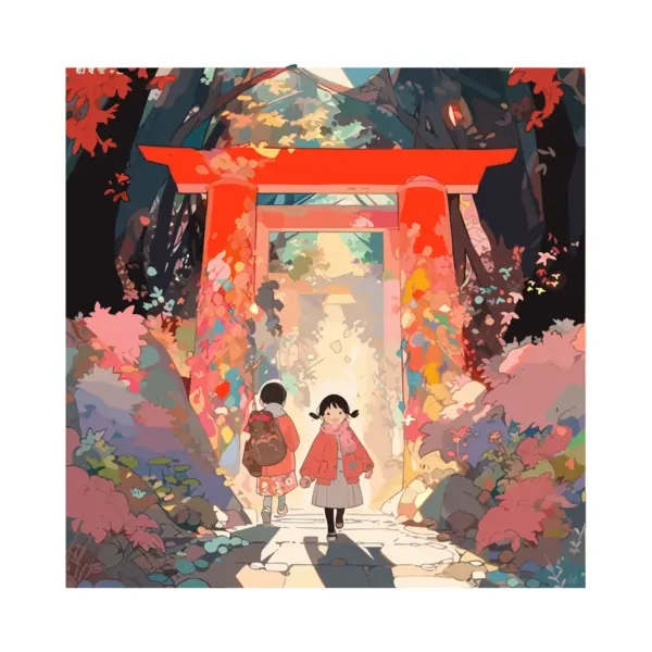Children entering and exiting a Japanese arch with flowers around it design