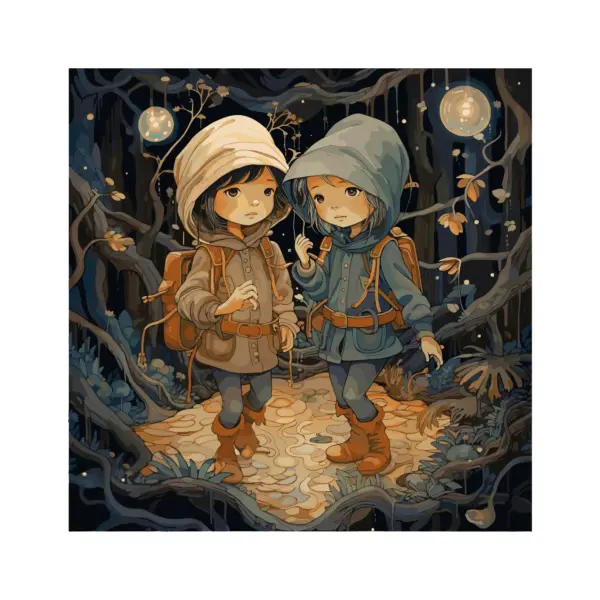 Children immersed in a magical forest in the dark design