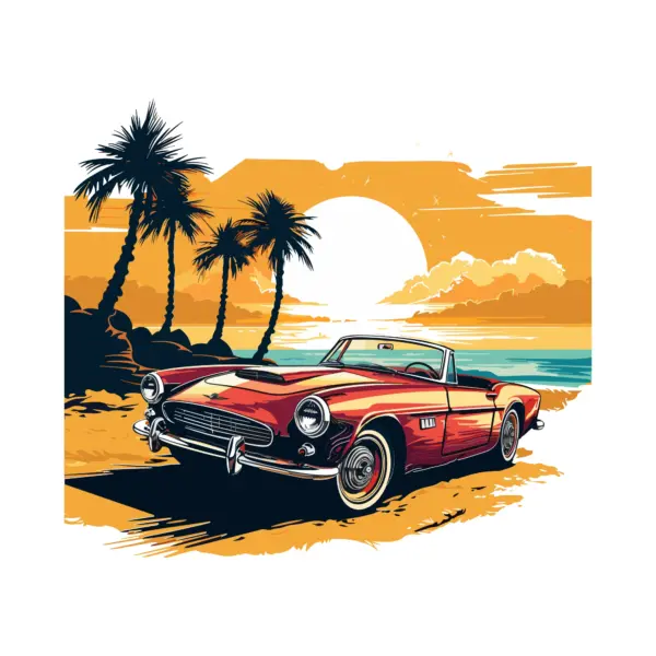 Classic car on the sand with a beautiful sun, sea and palm trees in the background design