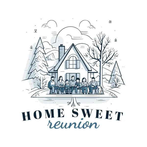 Family reunited outside their home accompanied by a sentence design